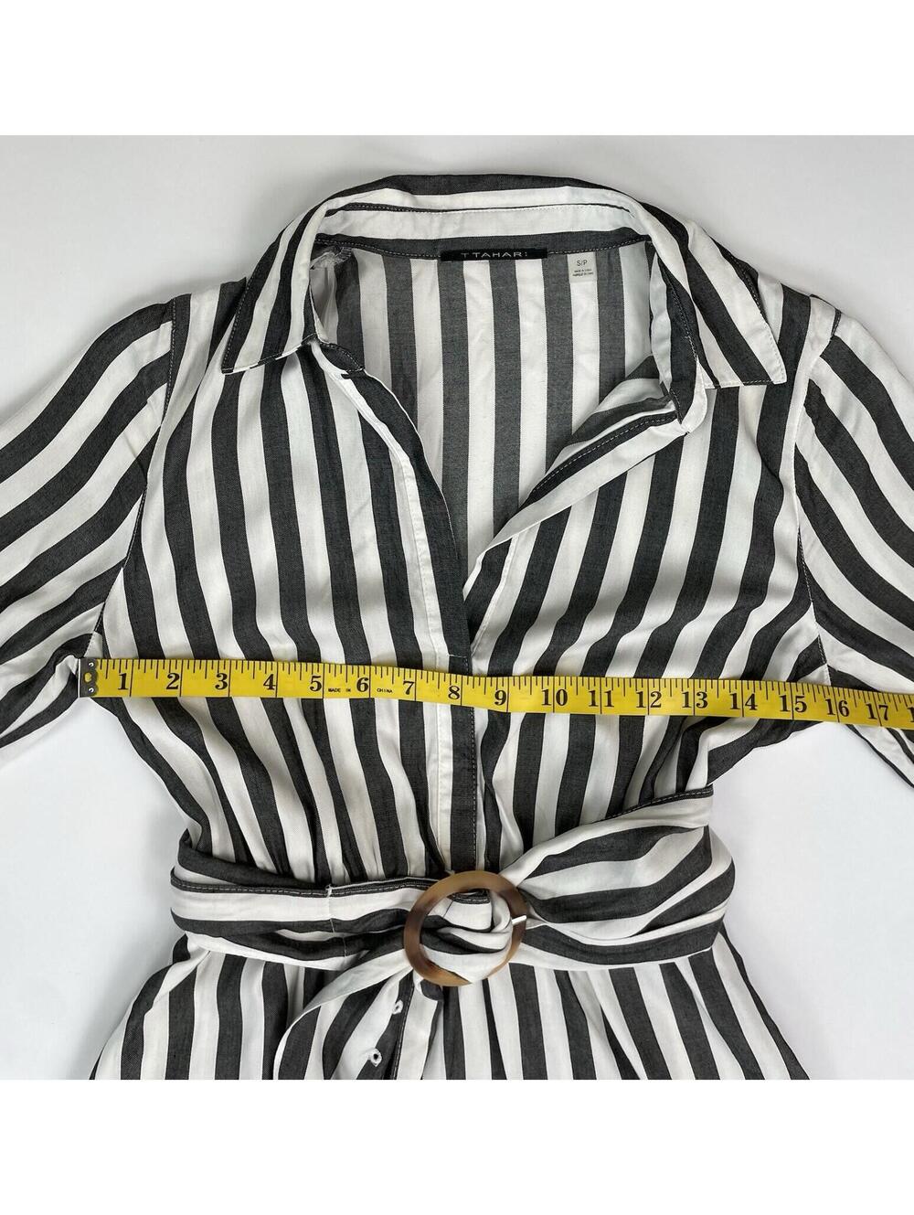 T Tahari Women's Charcoal Black White Striped Belted Shirtdress  Nautical SM - Picture 7 of 11